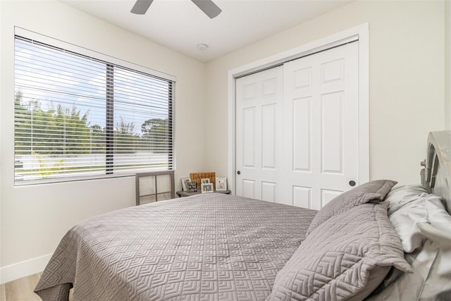 bedroom featuring hardwood / wood-style flooring, ceiling fan, and a closet