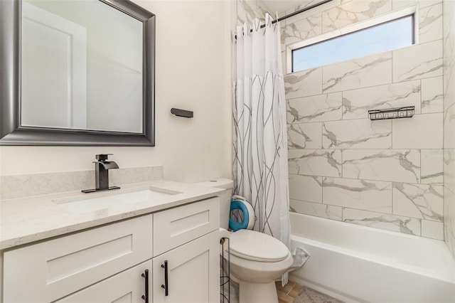 full bathroom featuring vanity, shower / tub combo with curtain, and toilet