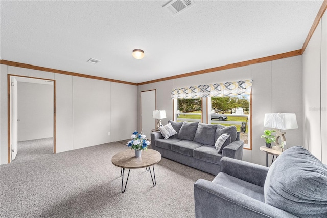 living area featuring a textured ceiling, carpet, and visible vents