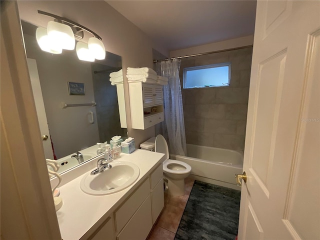 full bathroom featuring shower / bath combo, tile patterned flooring, vanity, and toilet