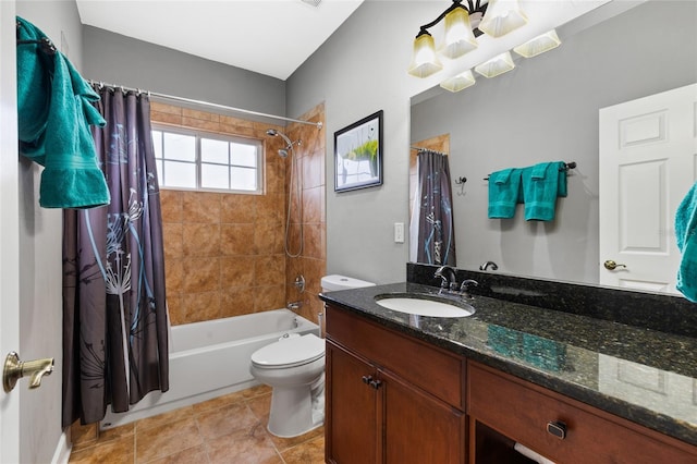 full bath with tile patterned floors, toilet, shower / bath combo, and vanity