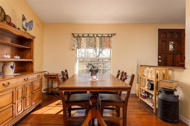 dining space featuring baseboards and dark wood-style flooring