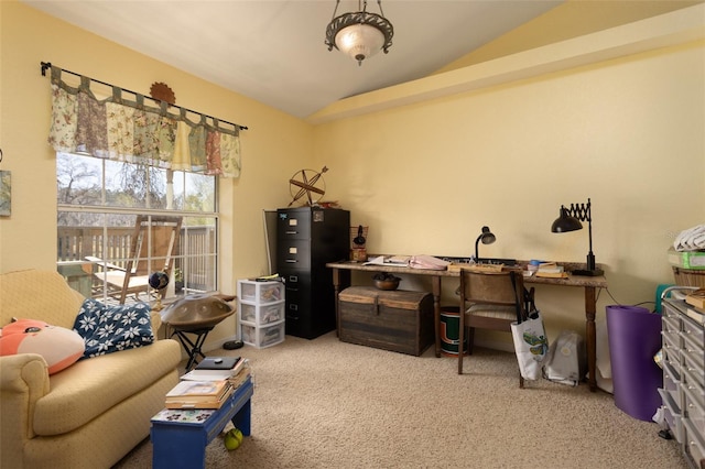 interior space featuring lofted ceiling and carpet floors