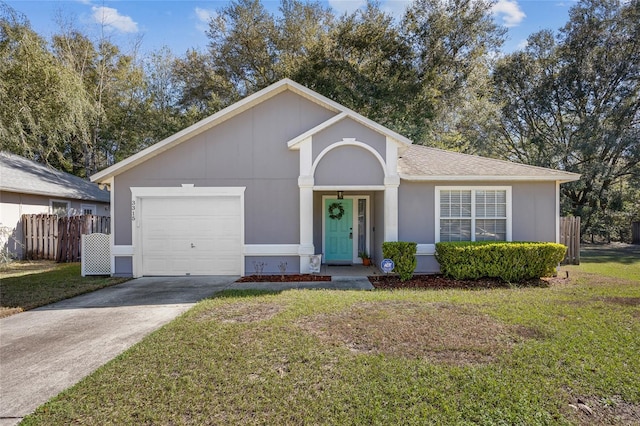 ranch-style house with a front lawn and a garage