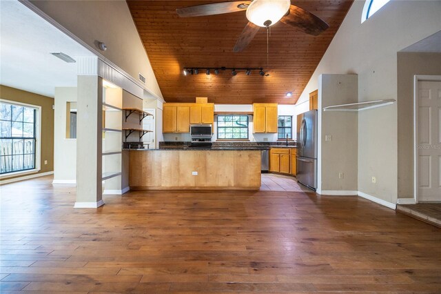 kitchen featuring appliances with stainless steel finishes, dark countertops, dark wood-style flooring, and a peninsula