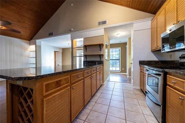 kitchen featuring light tile patterned floors, wooden ceiling, a peninsula, visible vents, and appliances with stainless steel finishes