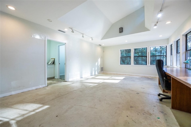 unfurnished office with recessed lighting, rail lighting, visible vents, vaulted ceiling, and baseboards