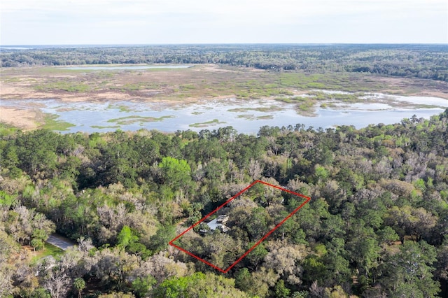 aerial view with a forest view and a water view