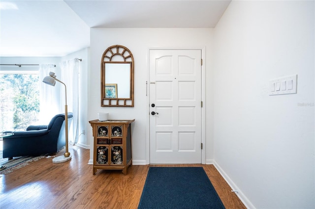 foyer entrance with baseboards and wood finished floors