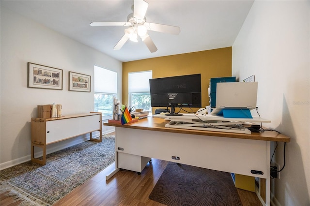 office with wood finished floors, baseboards, and ceiling fan