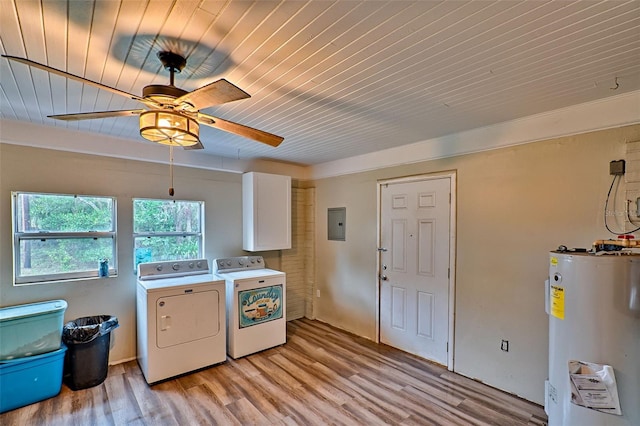 laundry area featuring wood ceiling, electric water heater, light wood-type flooring, laundry area, and independent washer and dryer