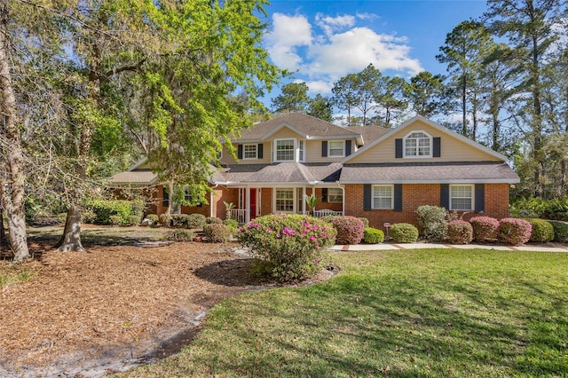 view of front of house with brick siding, a porch, and a front yard