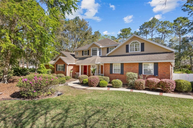 view of front of home featuring a front lawn, fence, brick siding, and a shingled roof