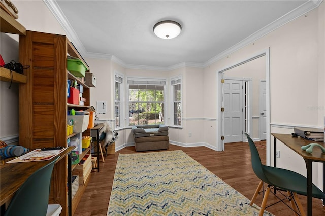 office featuring baseboards, wood finished floors, and crown molding