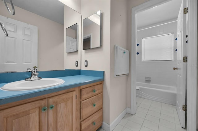 bathroom with vanity, baseboards, tile patterned flooring, toilet, and shower / bathtub combination