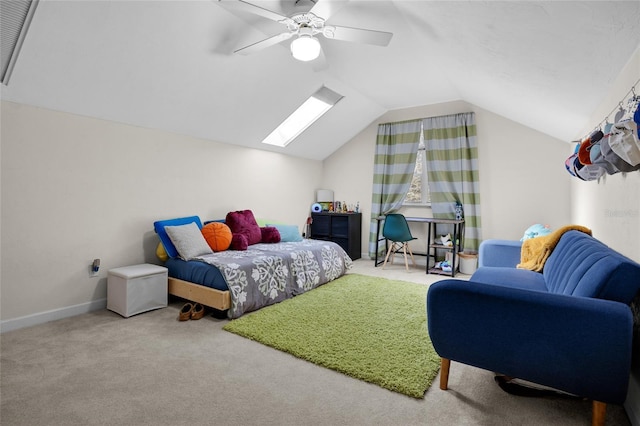 carpeted bedroom featuring baseboards, a ceiling fan, and lofted ceiling