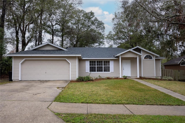 ranch-style house with a shingled roof, an attached garage, driveway, and a front lawn