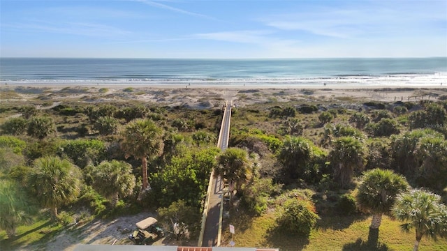 bird's eye view with a water view and a view of the beach