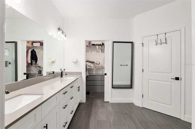 bathroom with double vanity, a walk in closet, and a sink