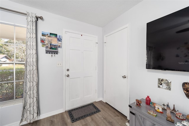 foyer with a textured ceiling, wood finished floors, and baseboards