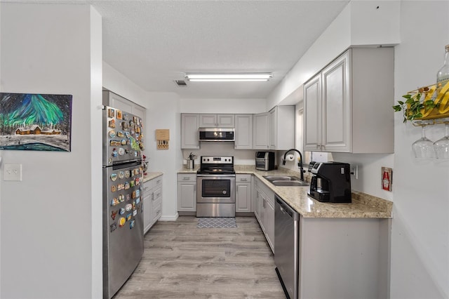 kitchen featuring visible vents, light wood-style flooring, appliances with stainless steel finishes, gray cabinets, and a sink