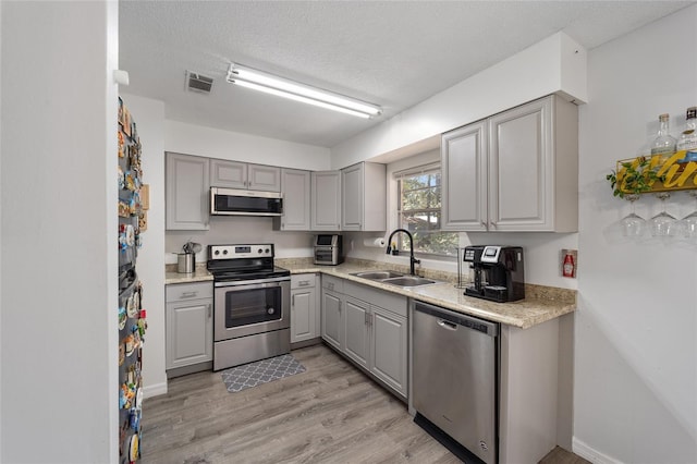 kitchen with visible vents, appliances with stainless steel finishes, gray cabinets, and a sink