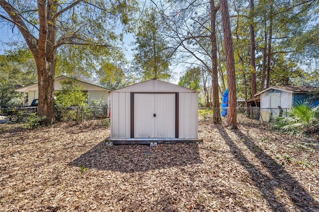 view of shed featuring a fenced backyard