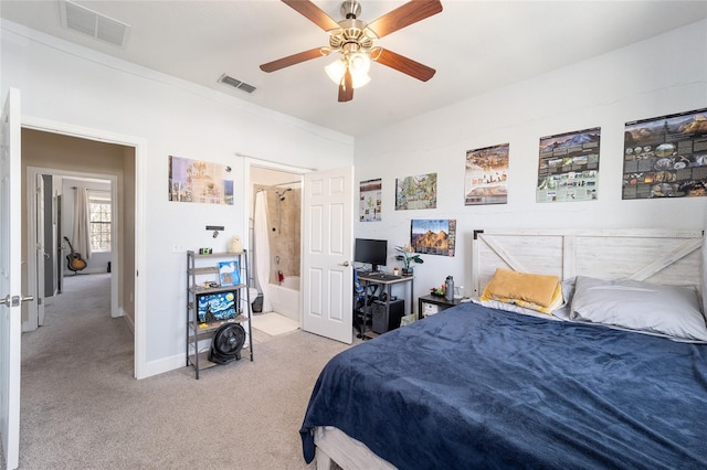 bedroom featuring light carpet, baseboards, visible vents, and ceiling fan