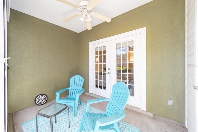 interior space with ceiling fan, visible vents, and french doors