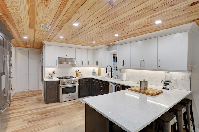 kitchen with stainless steel appliances, visible vents, a sink, a peninsula, and under cabinet range hood