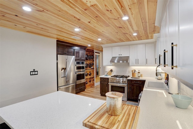 kitchen with backsplash, appliances with stainless steel finishes, wood ceiling, a sink, and under cabinet range hood