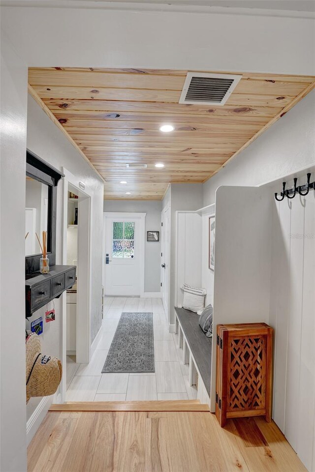 mudroom featuring recessed lighting, wood ceiling, visible vents, and light wood-style flooring