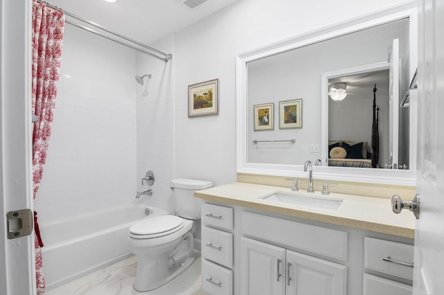 full bathroom featuring connected bathroom, shower / bath combo with shower curtain, toilet, marble finish floor, and vanity