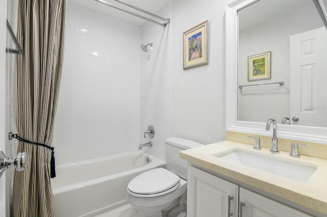 bathroom with toilet, vanity, and shower / bathtub combination with curtain