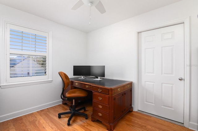 home office featuring light wood-style floors, baseboards, and ceiling fan