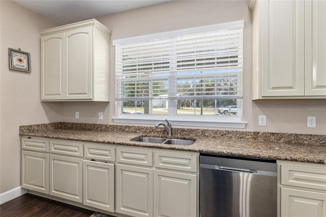 kitchen with plenty of natural light, white cabinetry, a sink, and stainless steel dishwasher