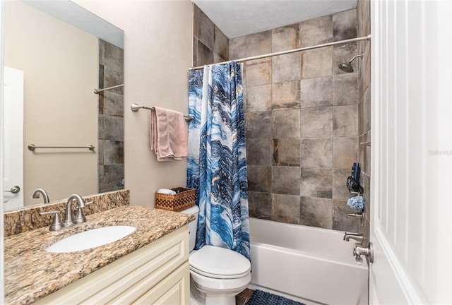 bathroom featuring toilet, shower / bathtub combination with curtain, and vanity