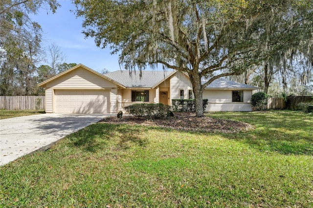 single story home with a garage, driveway, a front yard, and fence