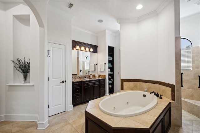 full bathroom with visible vents, crown molding, tiled shower, a tub with jets, and vanity