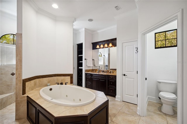 full bath with vanity, a tub with jets, visible vents, ornamental molding, and toilet