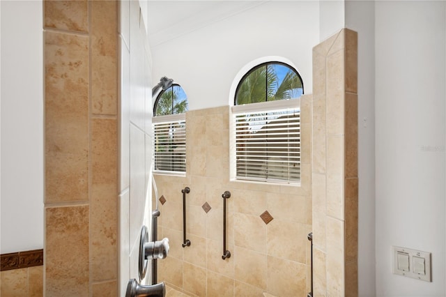 details featuring ornamental molding and tiled shower