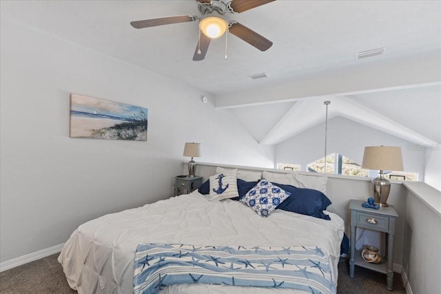 carpeted bedroom featuring lofted ceiling, a ceiling fan, visible vents, and baseboards