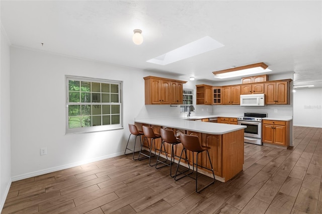 4031 NW 75th St, Gainesville, FL 32606 - kitchen with a breakfast bar area, a skylight, a peninsula, stainless steel electric stove, and white microwave