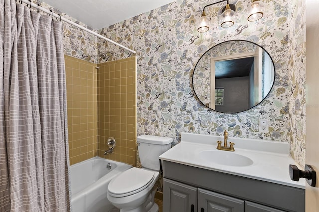 4031 NW 75th St, Gainesville, FL 32606 - full bath with wallpapered walls, toilet, shower / tub combo with curtain, and vanity