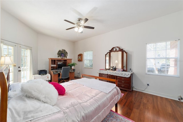 bedroom with baseboards, ceiling fan, dark wood-style flooring, access to outside, and french doors