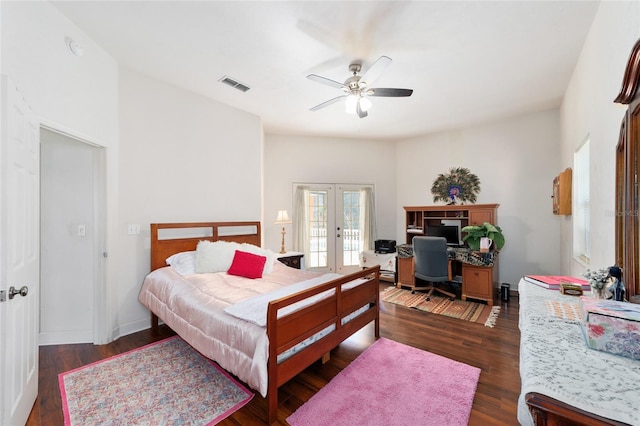 bedroom featuring access to exterior, french doors, visible vents, dark wood-type flooring, and a ceiling fan