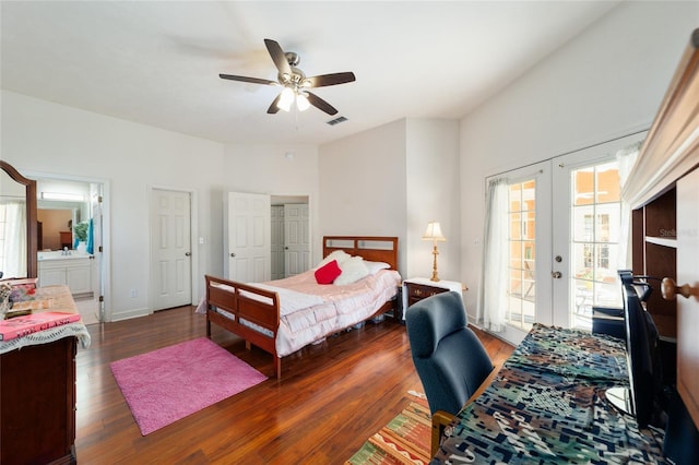 bedroom with access to exterior, french doors, visible vents, wood finished floors, and baseboards