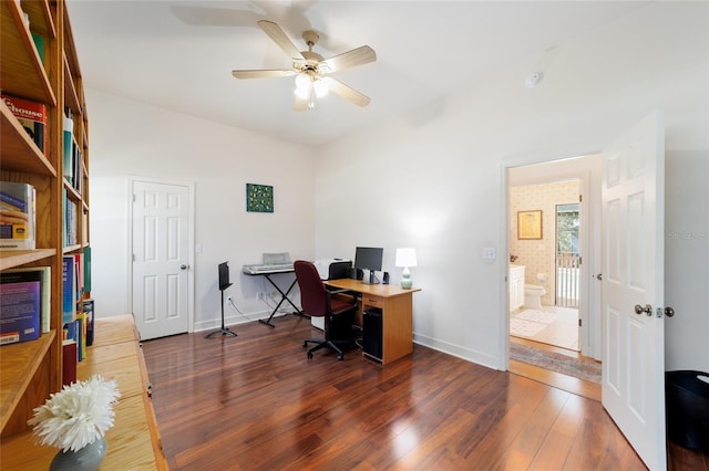 home office with ceiling fan, baseboards, and wood finished floors