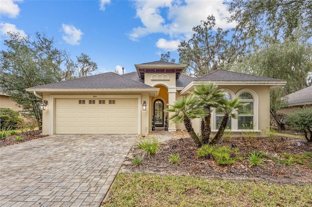 mediterranean / spanish house with a garage, decorative driveway, and stucco siding