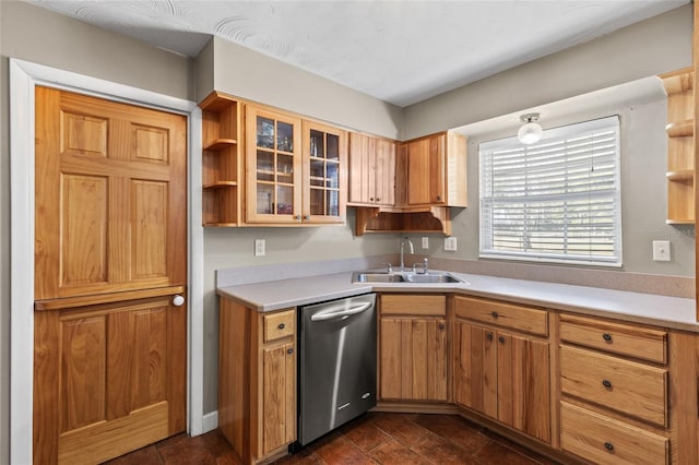 kitchen featuring open shelves, stainless steel dishwasher, and light countertops